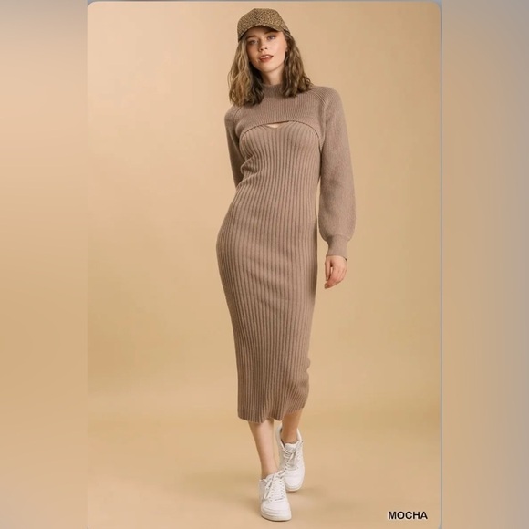 Umgee Dresses & Skirts - Elegant Tan Ribbed 2 Piece Knit Dress